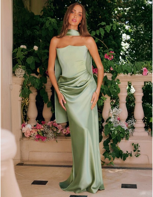 Vestido de fiesta largo con cuerpo corpiño y falda de satén verde