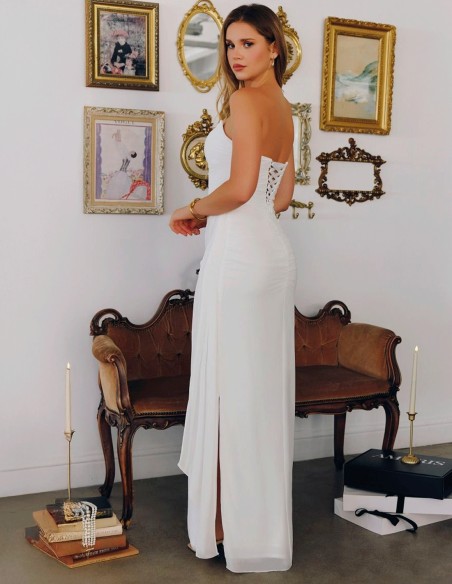 Long white chiffon wedding dress with strapless neckline and side lacing