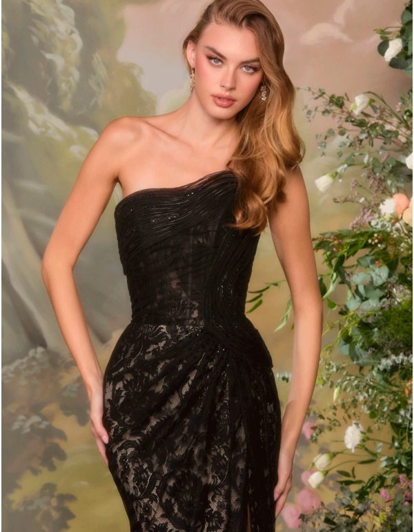 Strapless lace long gown with side slit and rhinestones 2