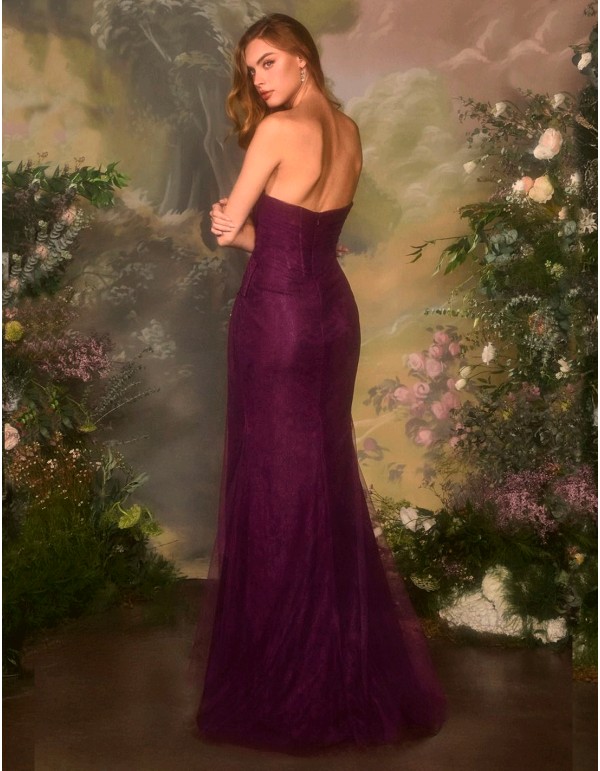 Longue robe bustier en dentelle avec fente latérale et...