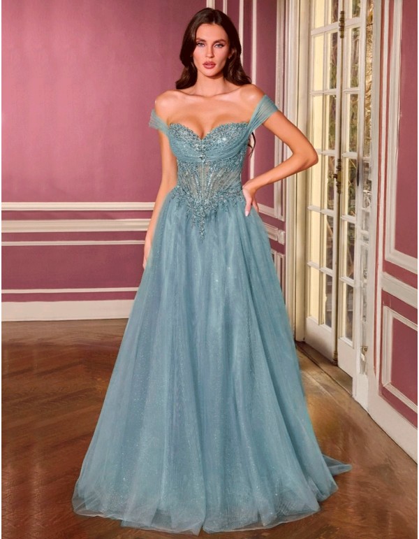 Princess dress with bardot neckline, embroidered corset...