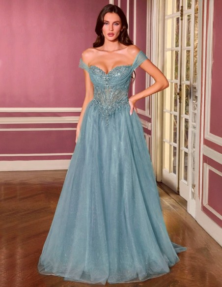 Robe de princesse avec encolure bardot, corsage brodé et jupe en tulle scintillant