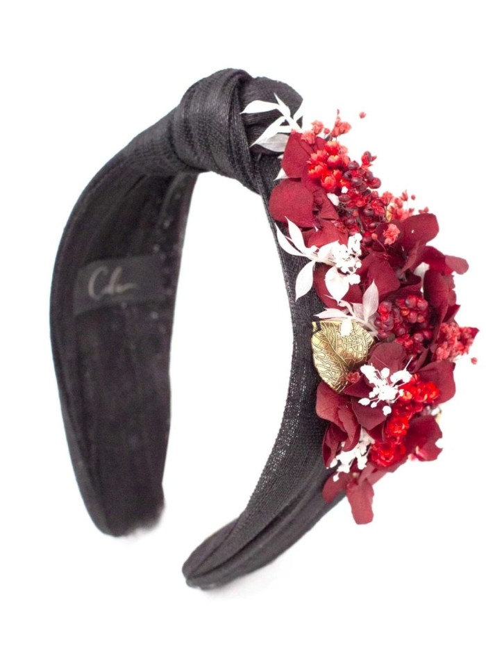 Bandeau noué noir avec fleurs préservées