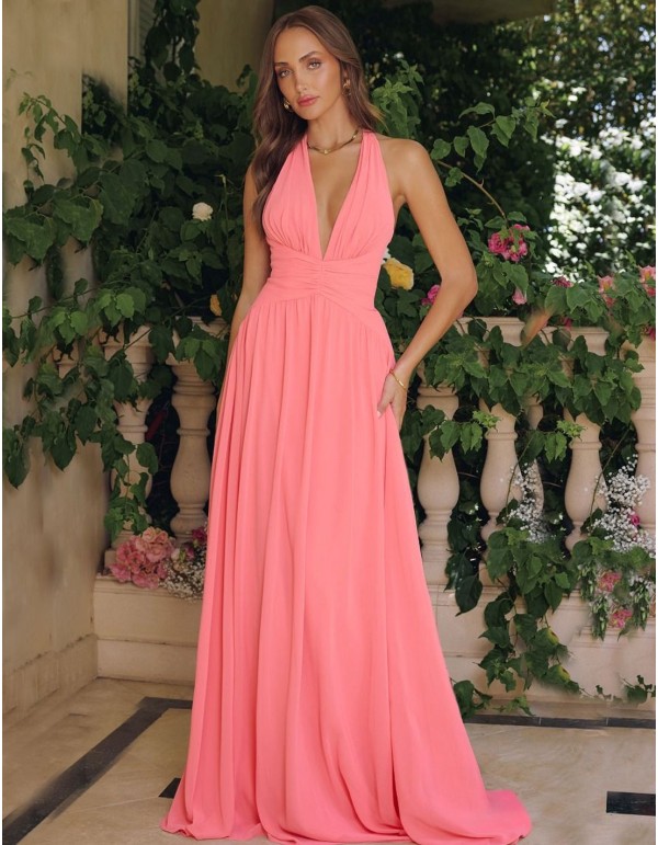 Vestido de fiesta largo para invitada con lazada en el...