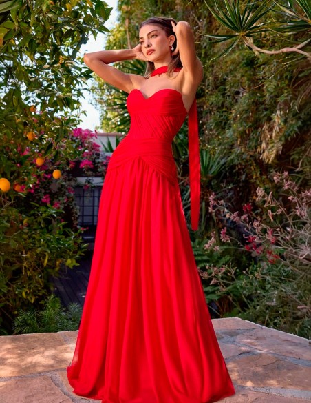 Long chiffon wedding guest dress with sweetheart neckline and matching shawl