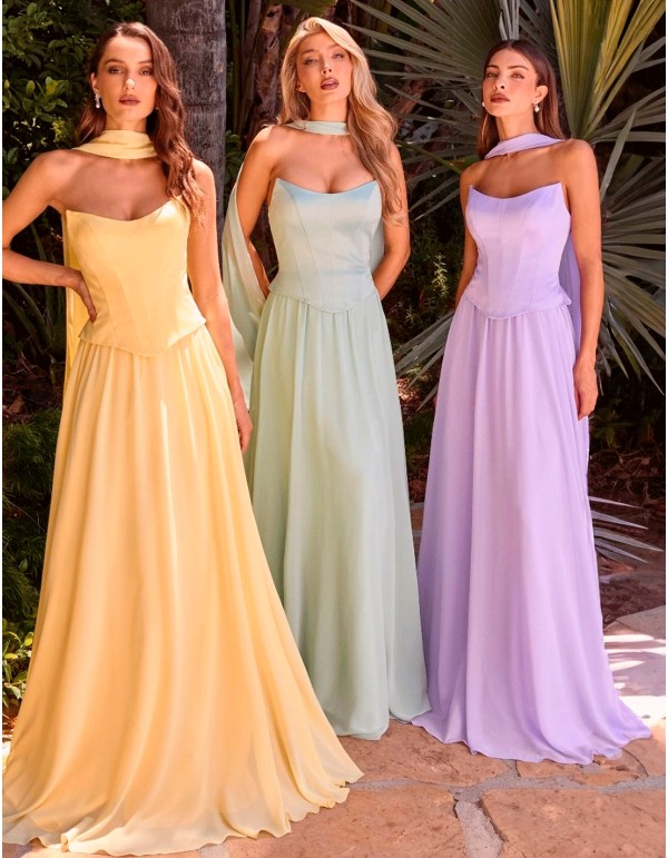 Long chiffon wedding guest dress with corset bodice and...