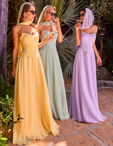 Long chiffon wedding guest dress with corset bodice and matching shawl