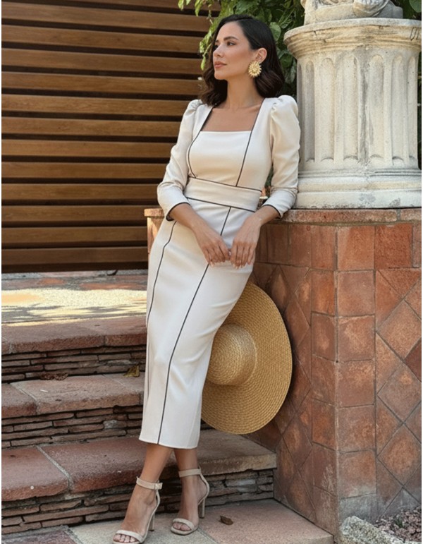 Robe d'invité midi beige avec manches françaises et... 2