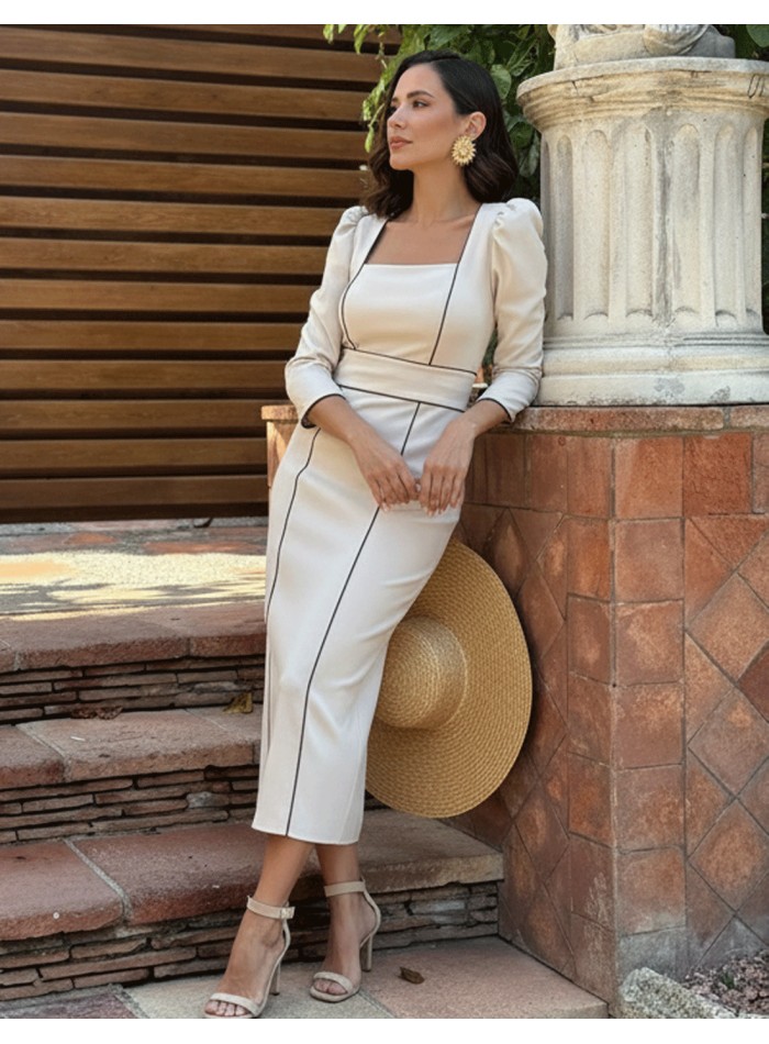 Beige midi guest dress with French sleeves and...