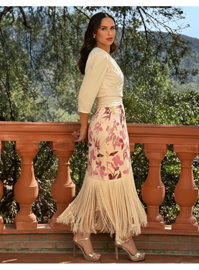 Printed blouse and skirt set with draped front...