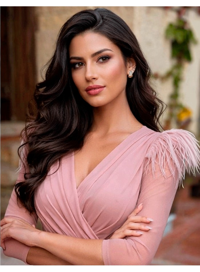 Long gown with tulle sleeves and feathers