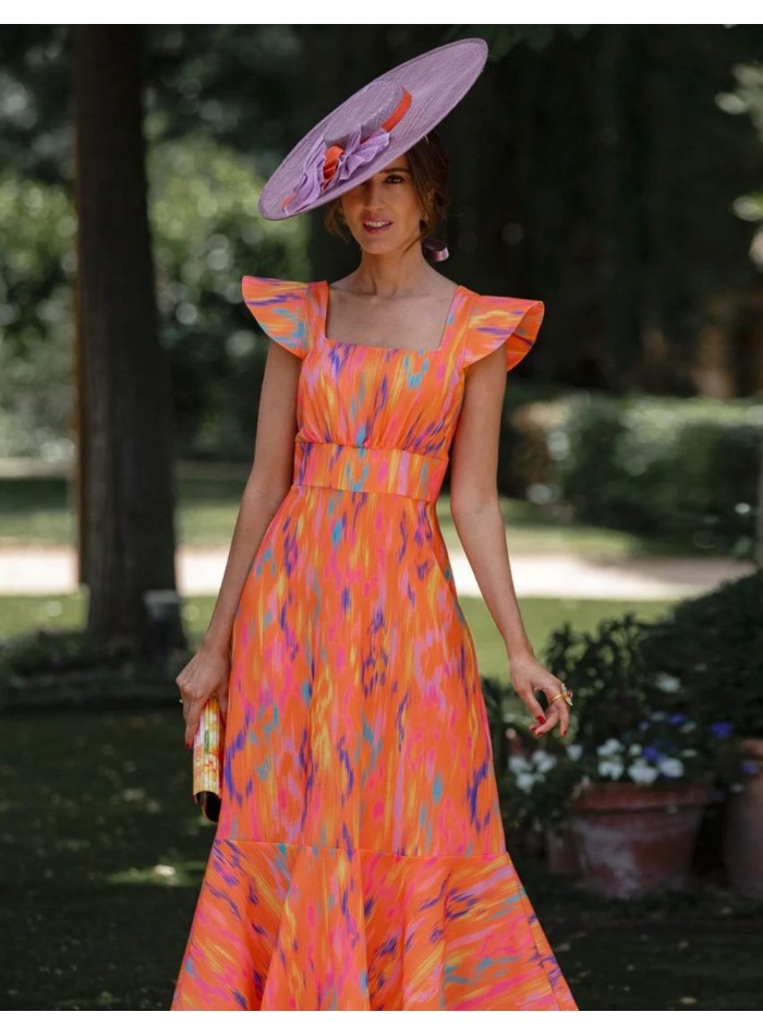 Pamela de sinamay malva con detalles naranja