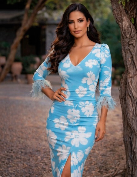 Robe midi imprimée avec plumes et drapé central