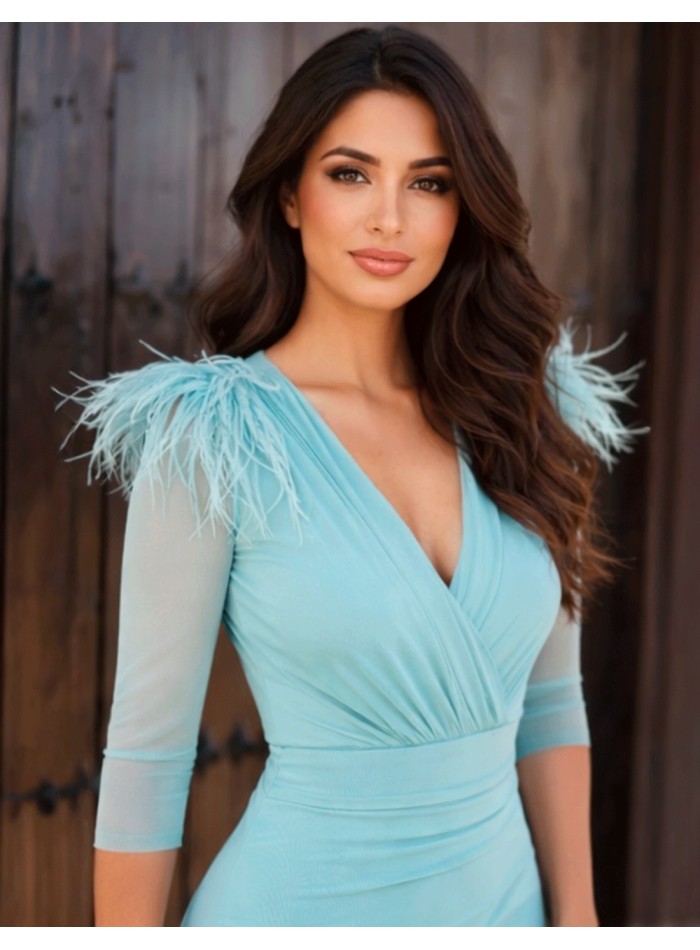 Robe d'invité midi bleu glacier avec manches transparentes et plumes-1