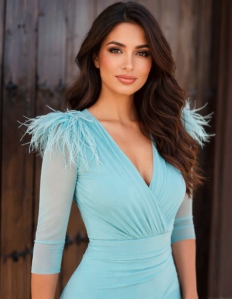 Ice blue midi wedding guest dress with sheer sleeves and feathers