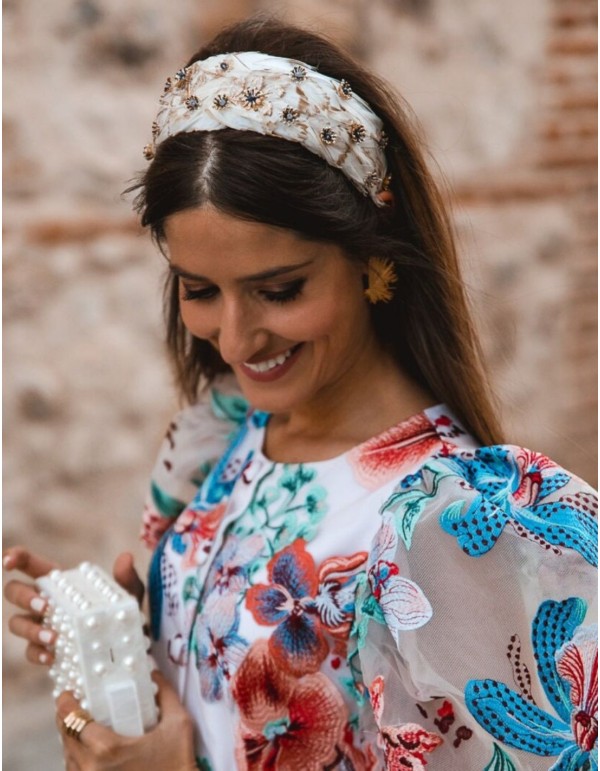 White feather guest headband with jeweled decoration