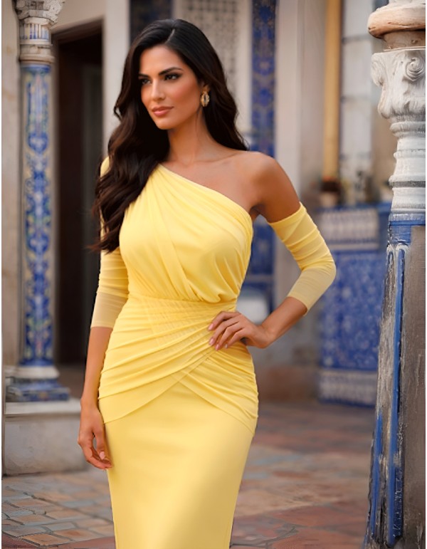 Midi guest dress with asymmetrical neckline and draped...