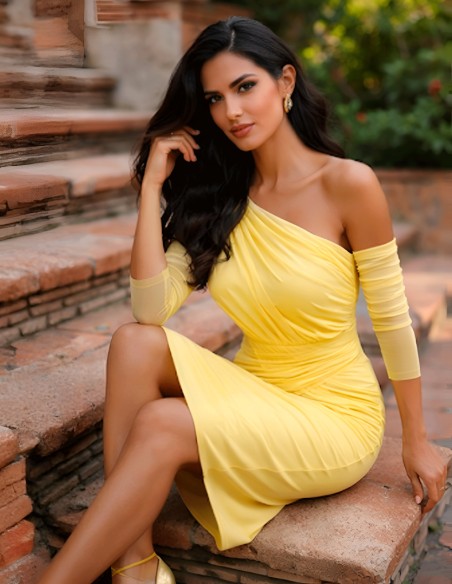 Midi guest dress with asymmetrical neckline and draped bodice