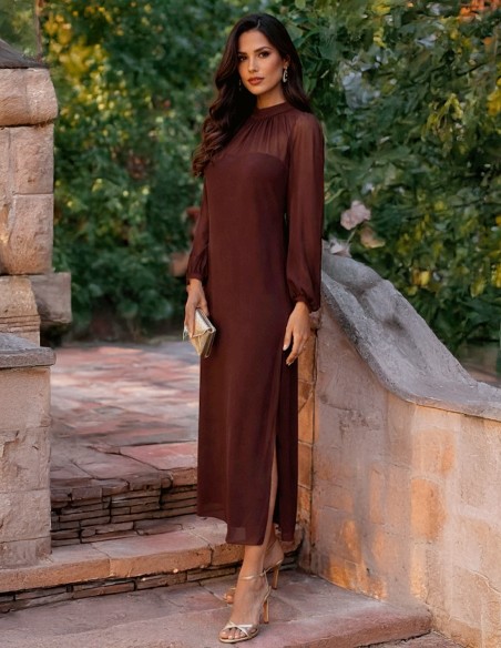 Midi guest dress with chiffon overlay sleeves
