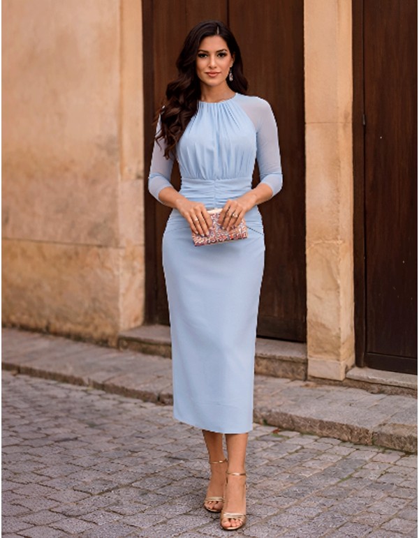 Pastel blue midi dress with sheer sleeves and box...