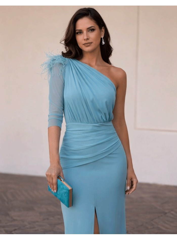 Vestido midi asimétrico azul pastel para invitada – Diseño elegante y fluido