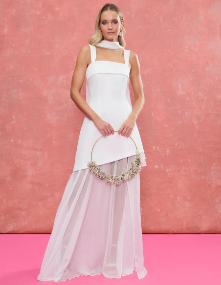 Wedding dress with square neckline and asymmetrical chiffon skirt