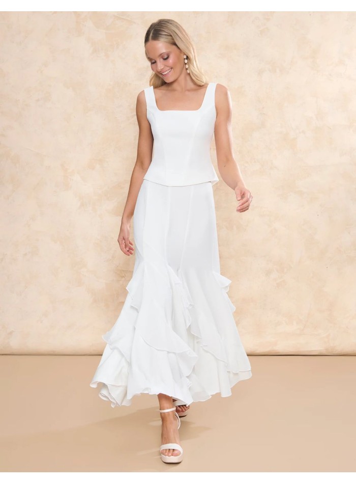 Falda de novia midi vaporosa de gasa con volantes asimétricos