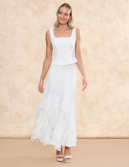 Falda de novia midi vaporosa de gasa con volantes asimétricos