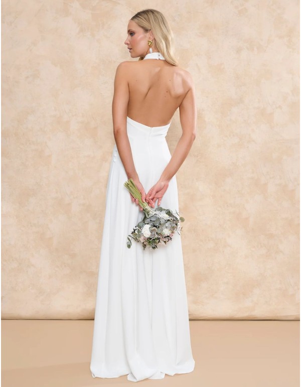 Long wedding dress with draped halter neckline and open back 2