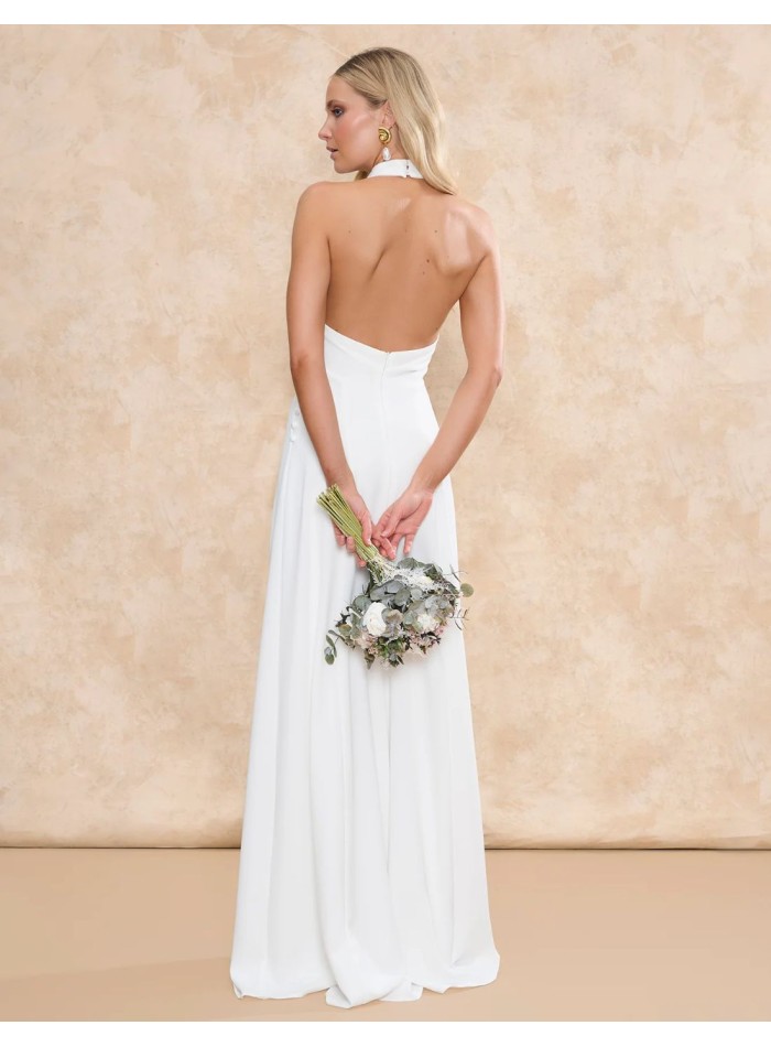 Long wedding dress with draped halter neckline...