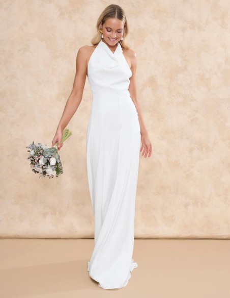 Long wedding dress with draped halter neckline and open back