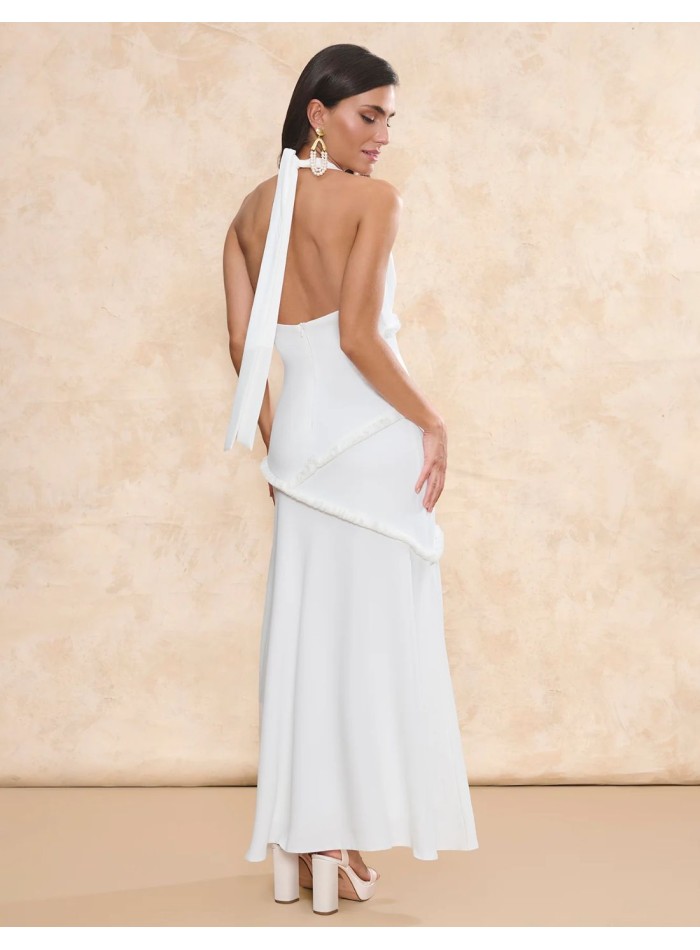 Robe de mariée longue avec nœud de cou et...