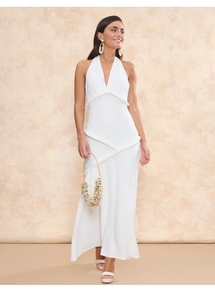 Vestido de novia largo con nudo en el cuello y ribetes blanco de fiesta