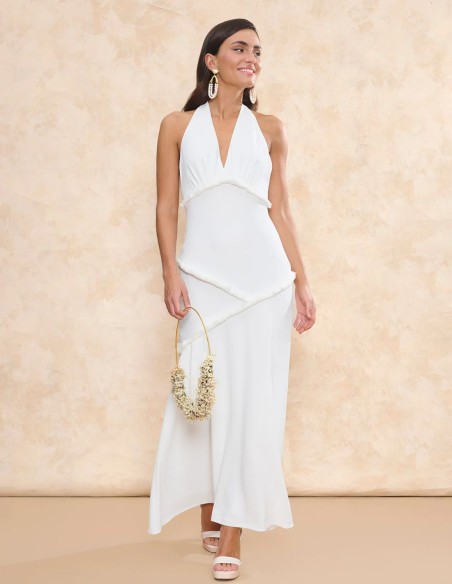 Robe de mariée longue avec nœud de cou et passepoil