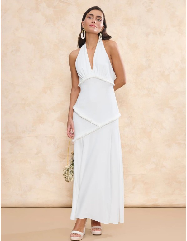 Long wedding dress with knot at the neck and piping