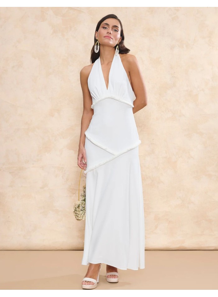 Robe de mariée longue avec nœud de cou et...