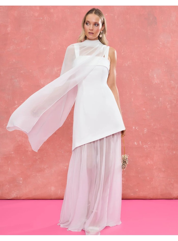 Long white wedding shawl in chiffon fabric