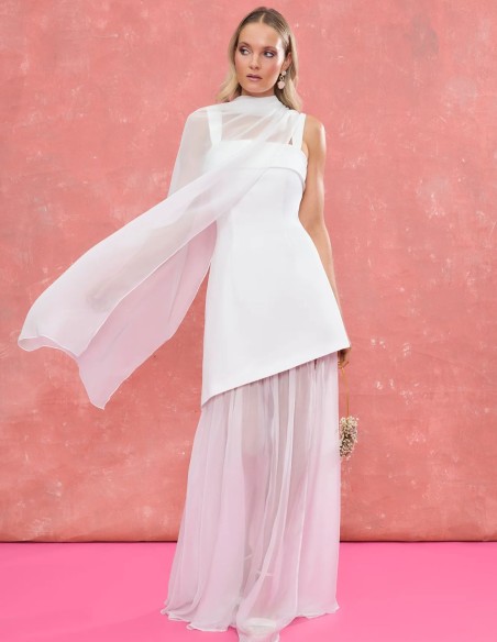 Long white wedding shawl in chiffon fabric