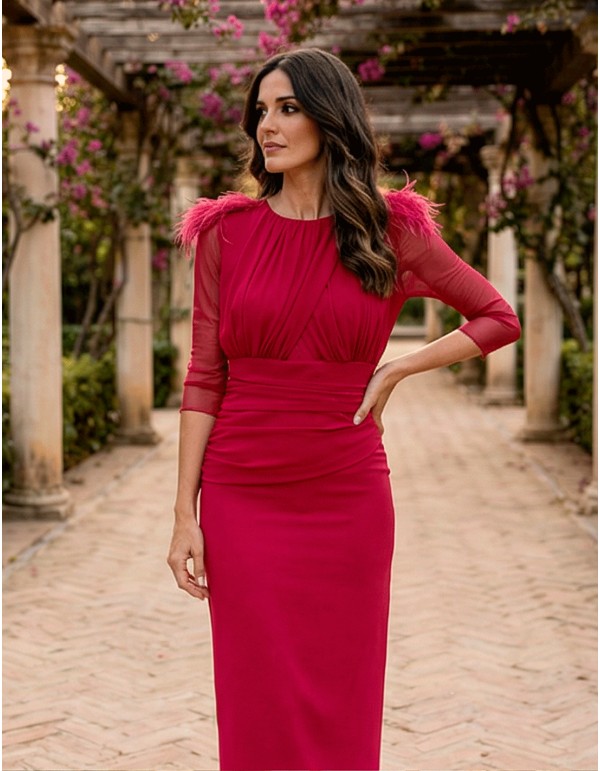 Robe midi cerise avec drapé flatteur et manches françaises