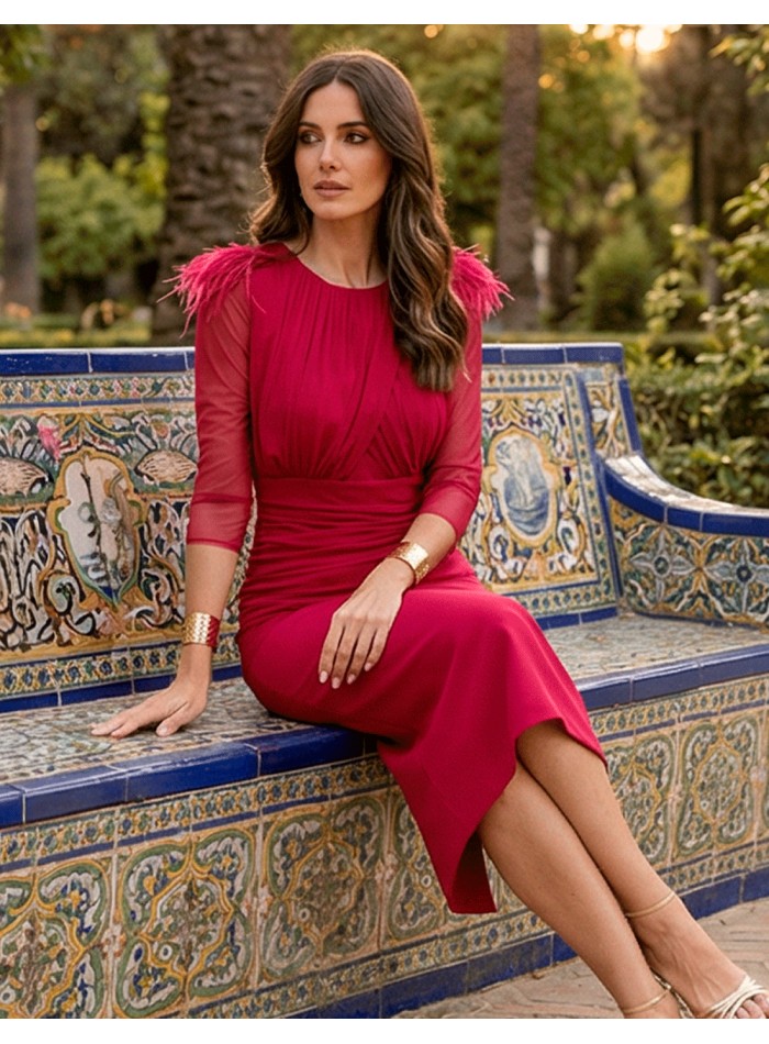 Cherry colored midi wedding dress with...