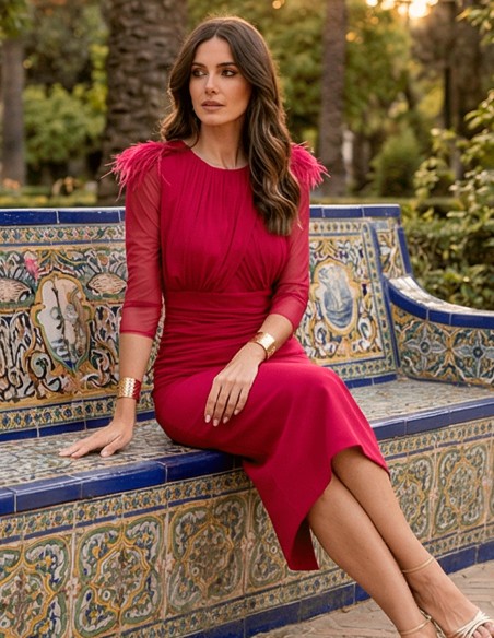 Robe midi cerise avec drapé flatteur et manches françaises