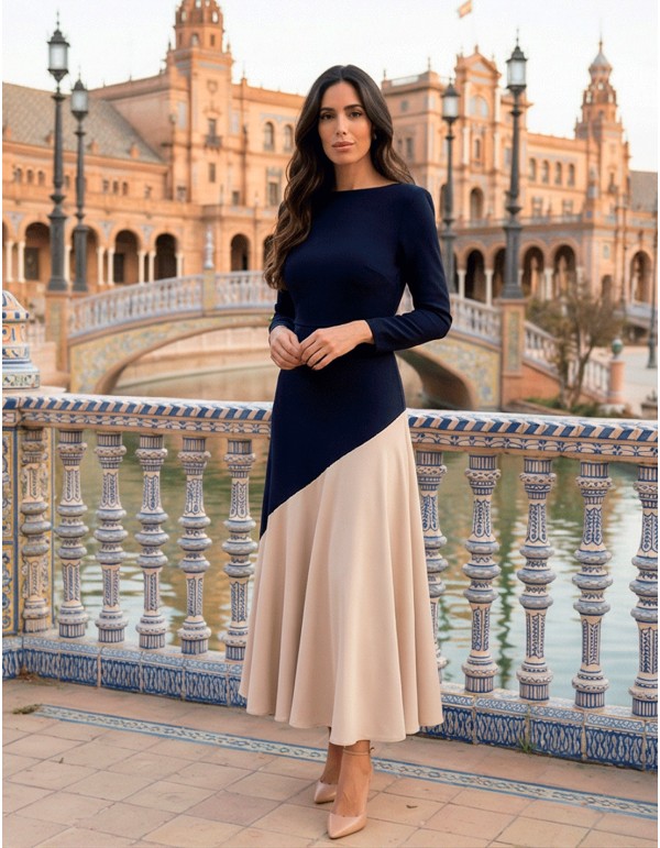 Vestido midi marino bicolor con bajo de volante low cost