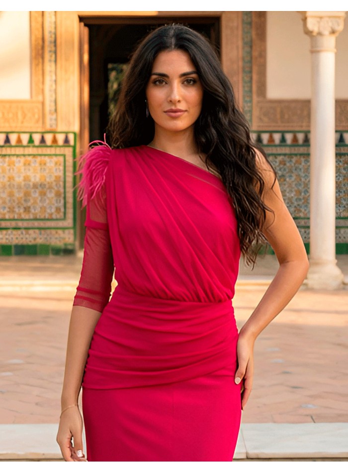 Draped midi party dress with one sleeve and...