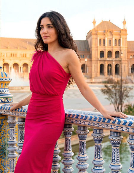 Draped midi party dress with one sleeve and feather details