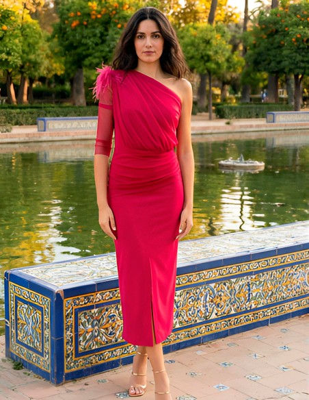 Draped midi party dress with one sleeve and feather details