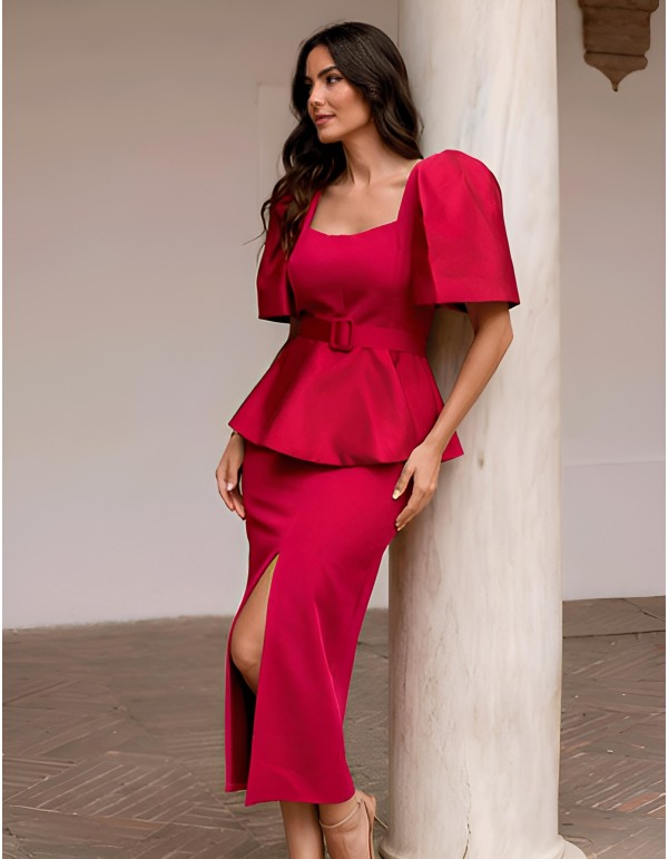 Robe de soirée midi avec manches bouffantes et péplum 2