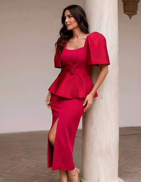 Midi party dress with puffed and peplum sleeves