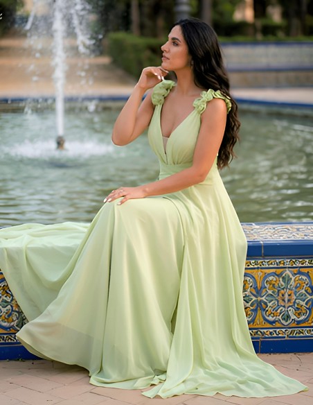 Long wedding guest dress with V-neckline and floral straps