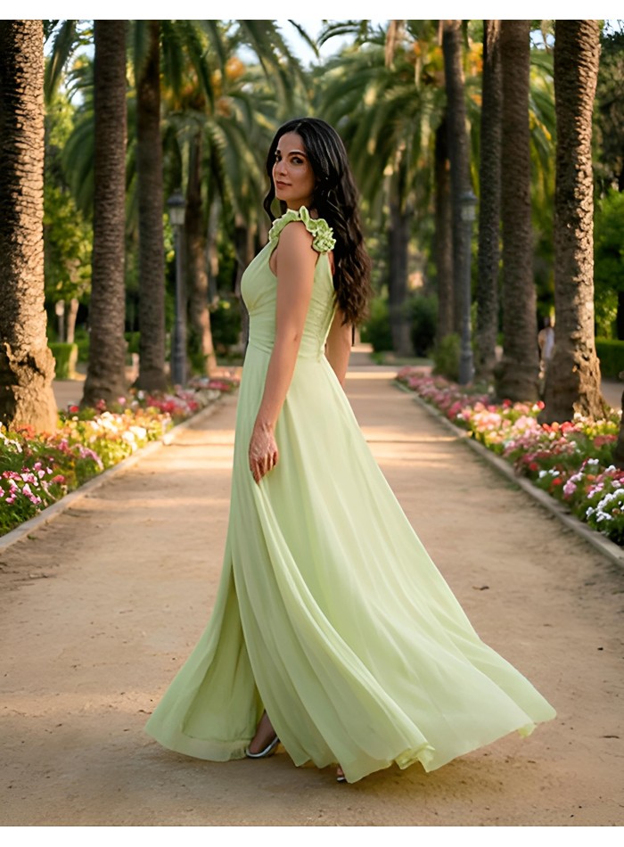 Long wedding guest dress with V-neckline and...