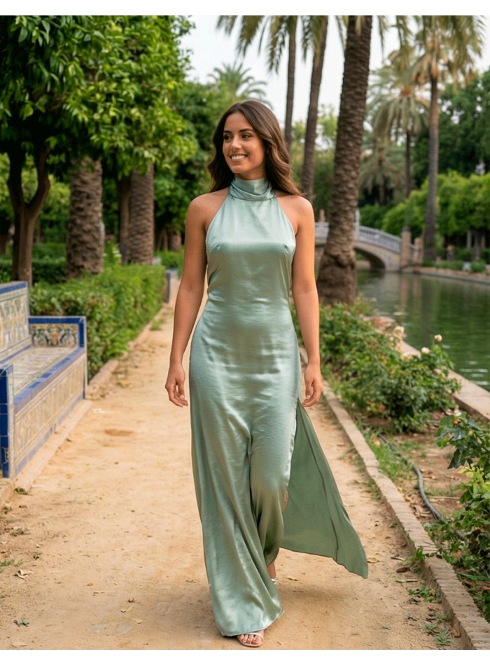 Pastel green satin graduation dress with halter...